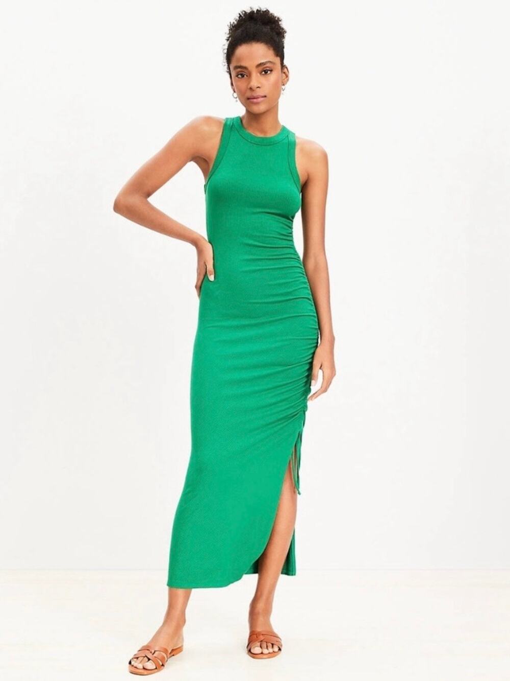 LOFT Beach Ribbed Knit Side Drawstring Maxi Dress Green NEW M